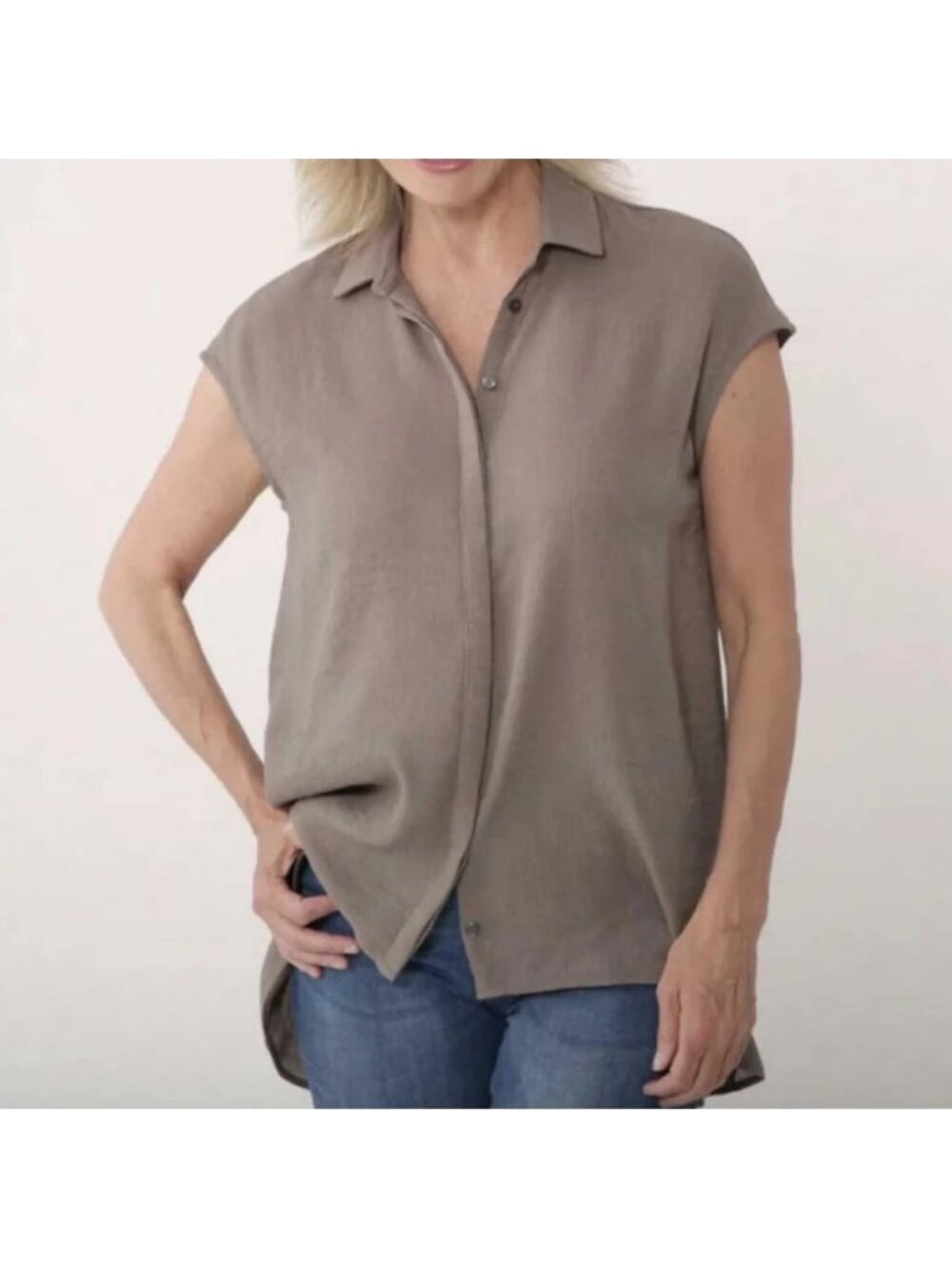 NEW Brian Bailey Taupe Crinkle Cap Sleeve Blouse - Large